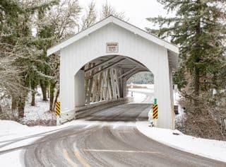 Snowy Hannah Covered Bridge in Oregon