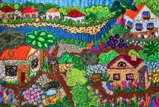 Colorful Embroidered Village Scene