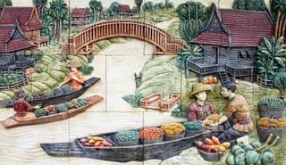 Floating Market Scene at Wat Si Chom Chuen Temple, Thailand