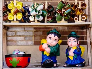 Colorful Ceramic Mugs Displayed in Raquira, Colombia