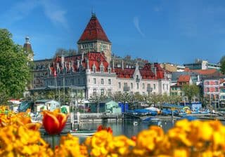 Vibrant Tulips in Front of Château d'Ouchy, Lausanne