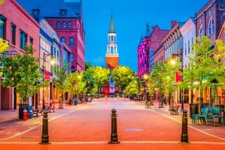 Twilight descends over Church Street Marketplace in Burlington