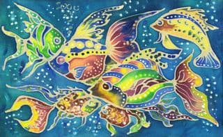 Vibrant Rainbow Fishes in Batik Art