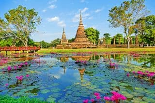 Ancient Sukhothai Ruins Amidst Lotus Pond