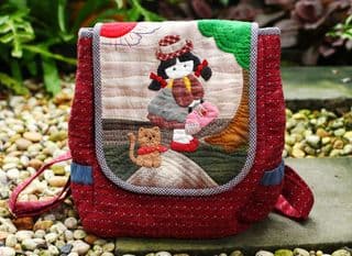 Quilted Backpack with Japanese Girl and Cat Appliqué