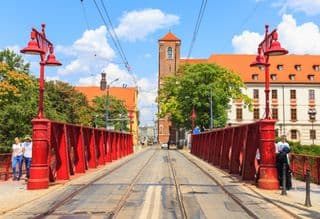 Vibrant Red Piaskowy Bridge in Wroclaw, Poland