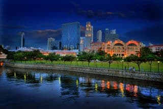 Twilight descends over Robertson Quay in Singapore