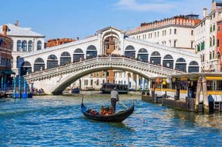 Gondolier Paddling Under the Rialto Bridge