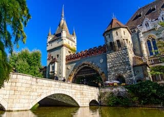 Vajdahunyad Castle in Budapest Under Blue Skies