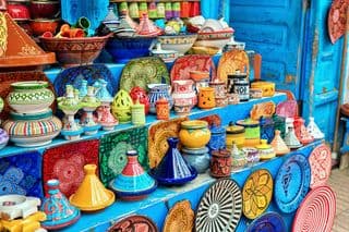 Vibrant Pottery Display in Morocco