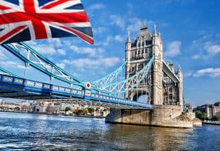 London Tower Bridge under the Union Jack