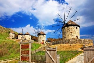 Traditional Stone Windmills at Kontias Village, Lemnos Island, Greece