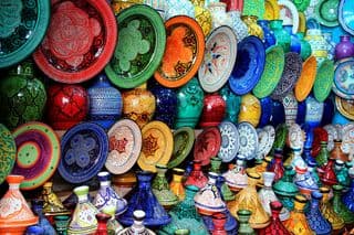 Vibrant Moroccan Pottery Display in Marrakesh
