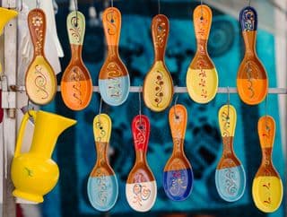 Colorful Ceramic Spoons for Sale at the Flea Market in Valencia, Spain