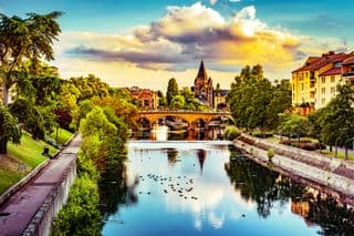 Temple Neuf Bridge Over the Moselle River at Sunset