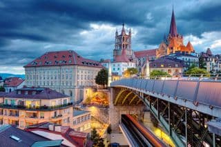 Twilight descends over the Cathedral Bridge in Lausanne