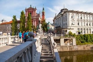 Pedestrians Crossing Triple Bridge, Ljubljana