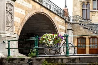Bicycle Leaning against Bridge Rail with Blooming Flowers