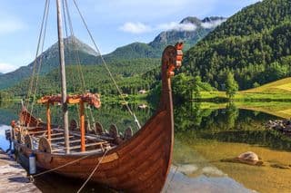 A Viking Ship Moored by the Norwegian Fjord