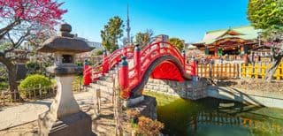 Vibrant Red Bridge at Kameido Tenjin Shrine