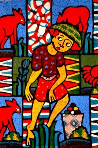 Vibrant Batik Pattern Featuring Figures and Animals