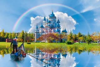 Enchanted Castle Reflection under Rainbow