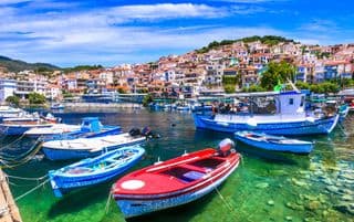 Colorful Boats in the Port of Lesbos Island, Greece