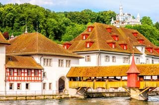 Wooden Chapel Bridge Over Reuss River in Lucerne