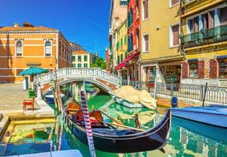 Gondola moored at the historic Rio dei Frari canal in Venice