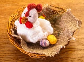 Handcrafted Crochet Chicken in Straw Basket