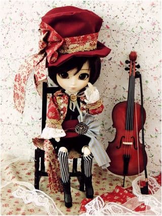 Doll in Victorian-Inspired Red Hat and Violin Pose