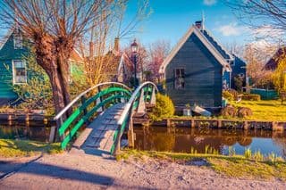 Wooden Bridge over Canal at Zaanstad Village