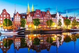 Historic Old Town Pier at Dusk in Lübeck, Germany