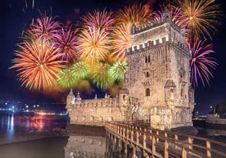 Fireworks Display Over the Belem Tower in Lisbon, Portugal