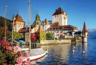 Oberhofen Castle by the Lake Thun in Switzerland