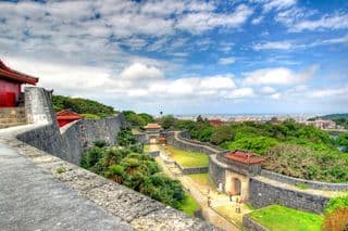 Traditional Japanese Castle Ruins Overlooking the Ocean