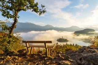 Autumnal Bench Overlooking Lake Bled in Slovenia