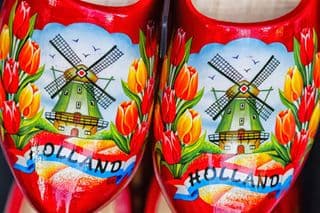 Traditional Dutch Clogs with Tulips and Windmill Design