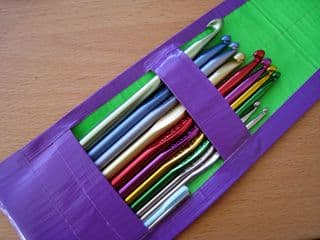 Assorted Crochet Hooks in Duct Tape Holder