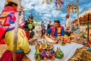 Colorful Handicraft Market at Los Uros Island, Peru