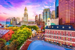 Twilight descends over Boston's historic Faneuil Hall Marketplace
