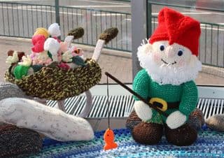 Handcrafted Knitted Gnome Fishing by Window