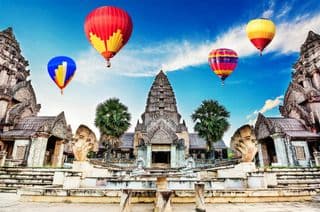 Hot Air Balloons Over Bayon Castle in Angkor Thom, Cambodia