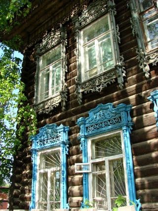 Traditional Carved Windows of Siberian Log Cabin
