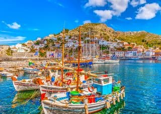 Traditional Greek Fishing Boats at Hydra Harbor