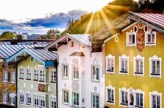 Sunset Over Traditional Bavarian Buildings in Old Town of Bad Toelz, Germany