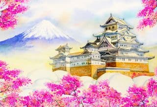 Spring at Himeji Castle with Mount Fuji in the Background